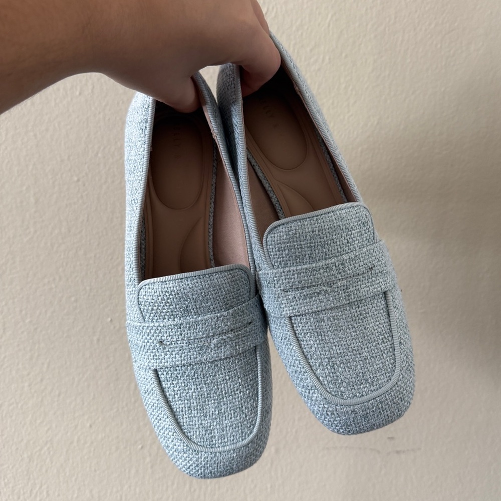 Kelly & Katie Light Blue Woven Tweed Heeled Loafers Square Toe Size 7.5 - Picture 7 of 8